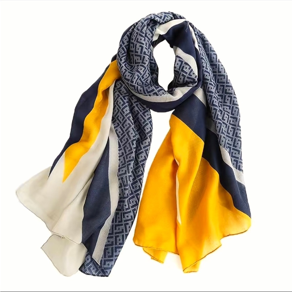 ✨NEW✨LUXE BLUE, WHITE & GOLD LONG SHAWL SCARF - Picture 1 of 6